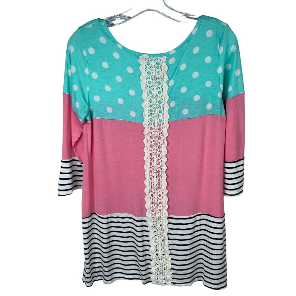 Lilypad Womens Color Block 3/4 Sleeves Top Blouse Lace Crochet Trim Size L